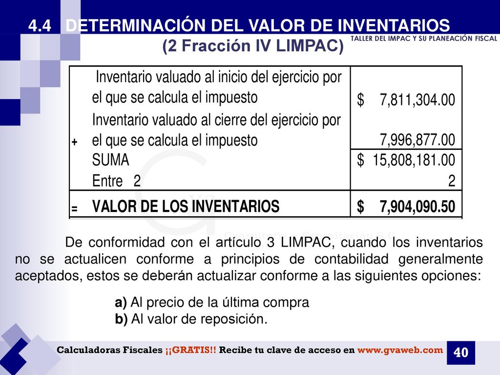 4.4 DETERMINACIÓN DEL VALOR DE INVENTARIOS (2 Fracción IV LIMPAC)