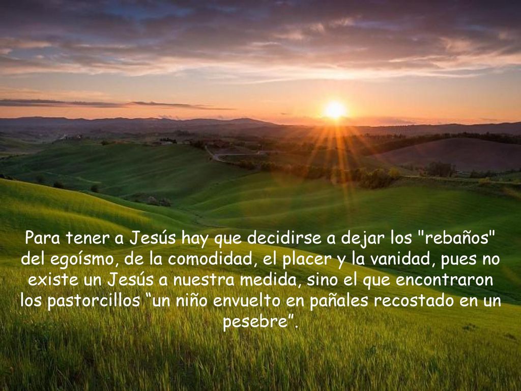 Para tener a Jesús hay que decidirse a dejar los rebaños del egoísmo, de la comodidad, el placer y la vanidad, pues no existe un Jesús a nuestra medida, sino el que encontraron los pastorcillos un niño envuelto en pañales recostado en un pesebre .