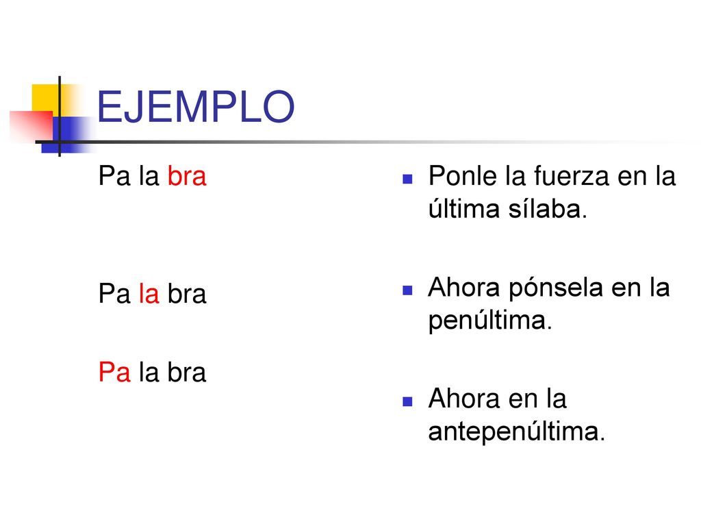EJEMPLO Pa la bra Ponle la fuerza en la última sílaba.