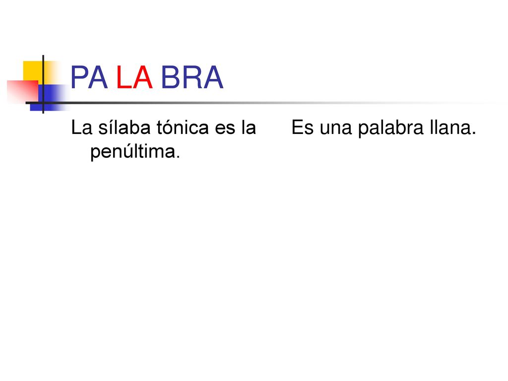 PA LA BRA La sílaba tónica es la penúltima. Es una palabra llana.
