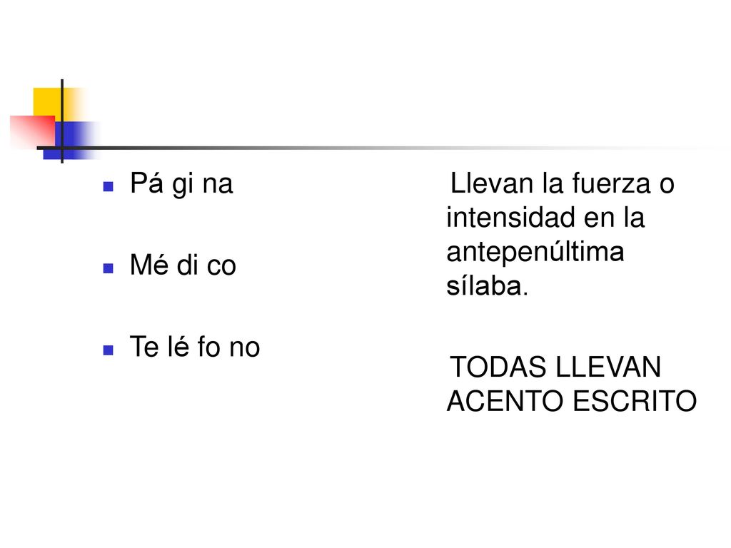 Pá gi na Mé di co. Te lé fo no. Llevan la fuerza o intensidad en la antepenúltima sílaba.