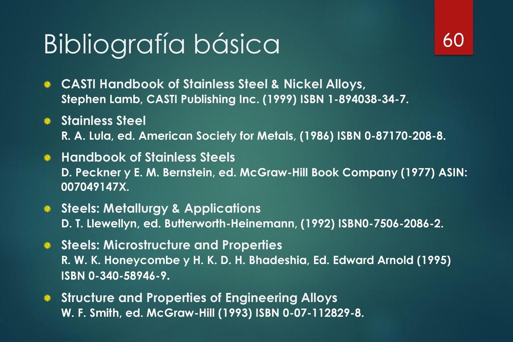 Bibliografía básica CASTI Handbook of Stainless Steel & Nickel Alloys, Stephen Lamb, CASTI Publishing Inc. (1999) ISBN