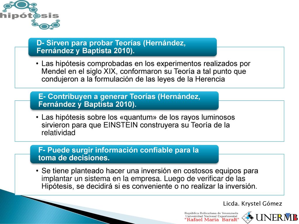 D- Sirven para probar Teorías (Hernández, Fernández y Baptista 2010).
