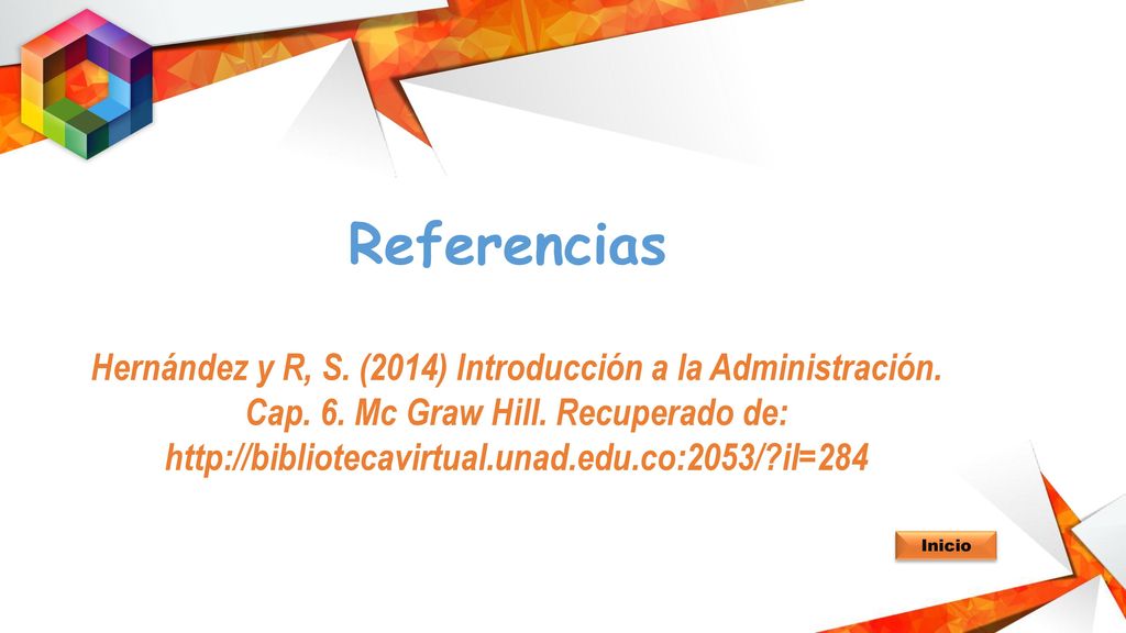 Referencias Hernández y R, S. (2014) Introducción a la Administración. Cap. 6. Mc Graw Hill. Recuperado de: