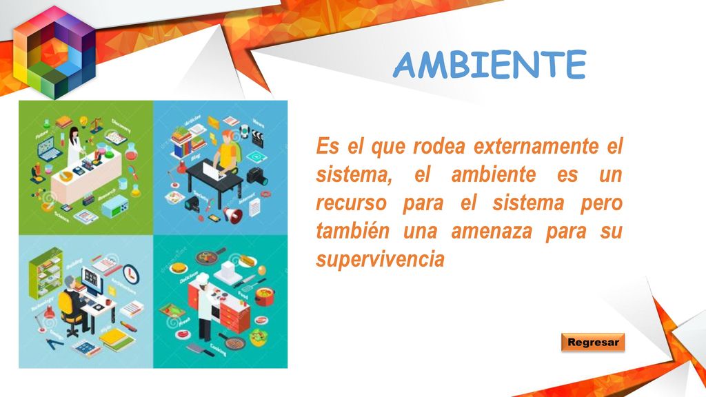 AMBIENTE Es el que rodea externamente el sistema, el ambiente es un recurso para el sistema pero también una amenaza para su supervivencia.