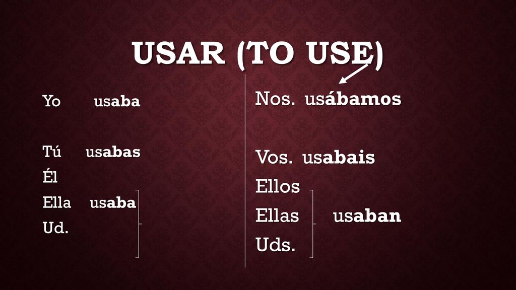 USAR (to use) Nos. usábamos Vos. usabais Ellos Ellas usaban Uds.