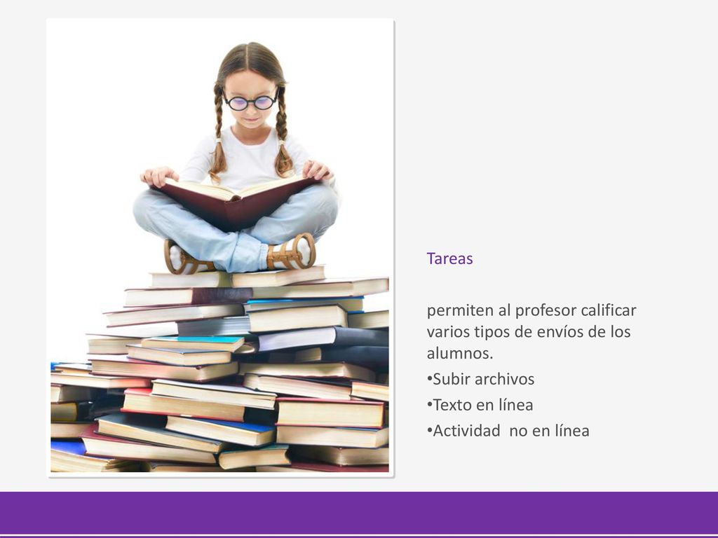 Tareas permiten al profesor calificar varios tipos de envíos de los alumnos. Subir archivos. Texto en línea.