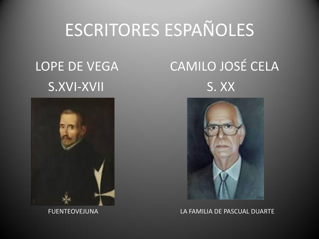 ESCRITORES ESPAÑOLES LOPE DE VEGA CAMILO JOSÉ CELA S.XVI-XVII S. XX