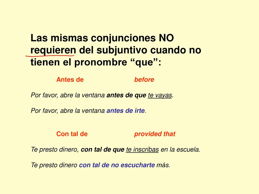 Las mismas conjunciones NO requieren del subjuntivo cuando no tienen el pronombre que :