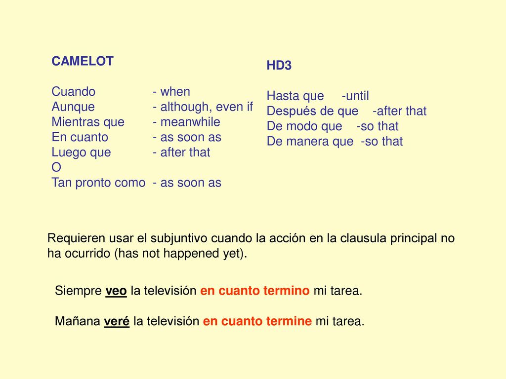 CAMELOT Cuando - when. Aunque - although, even if. Mientras que - meanwhile. En cuanto - as soon as.