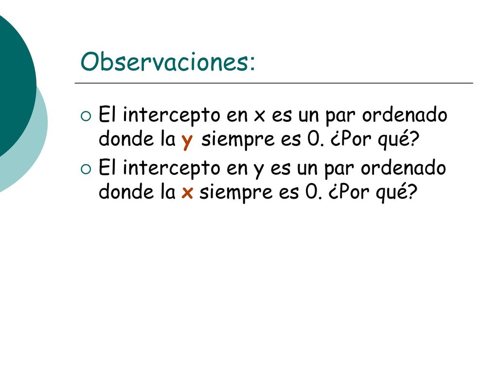Observaciones: El intercepto en x es un par ordenado donde la y siempre es 0. ¿Por qué