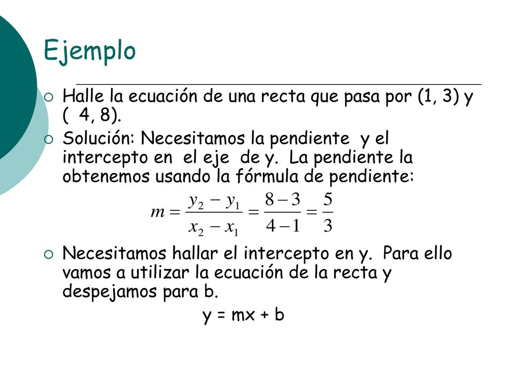 Ejemplo Halle la ecuación de una recta que pasa por (1, 3) y ( 4, 8).