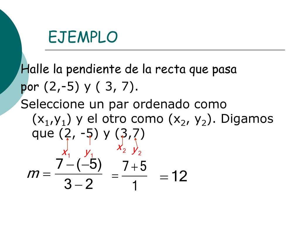 EJEMPLO Halle la pendiente de la recta que pasa por (2,-5) y ( 3, 7).