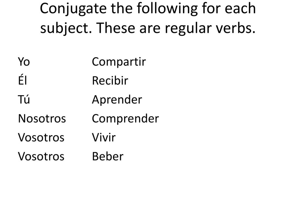 Conjugate the following for each subject. These are regular verbs.