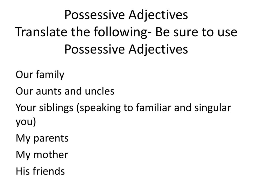 Possessive Adjectives Translate the following- Be sure to use Possessive Adjectives