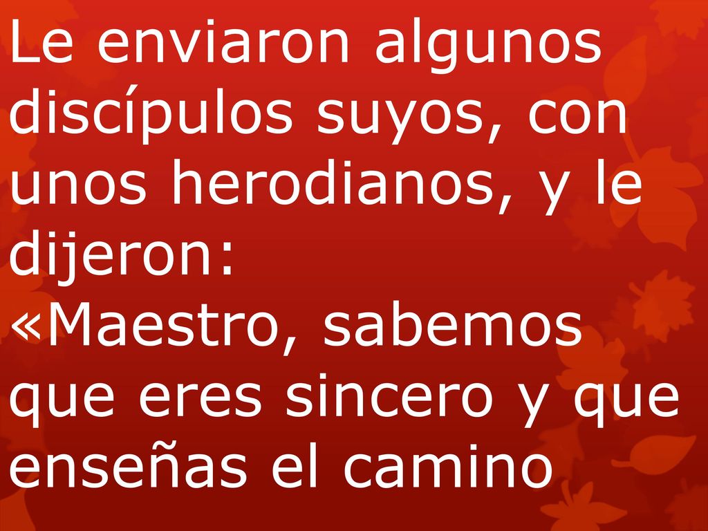 Le enviaron algunos discípulos suyos, con unos herodianos, y le dijeron: «Maestro, sabemos que eres sincero y que enseñas el camino