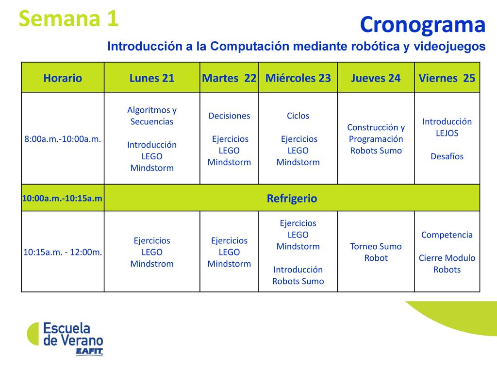 Semana 1 Cronograma. Introducción a la Computación mediante robótica y videojuegos. Horario. Lunes 21.