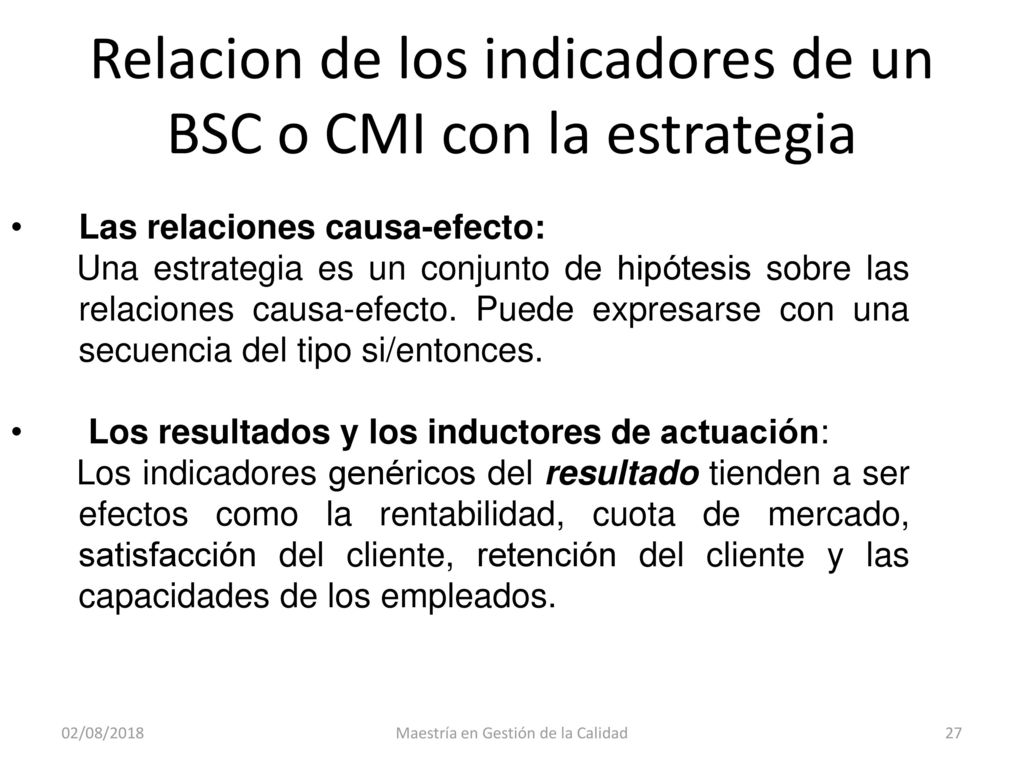 Relacion de los indicadores de un BSC o CMI con la estrategia
