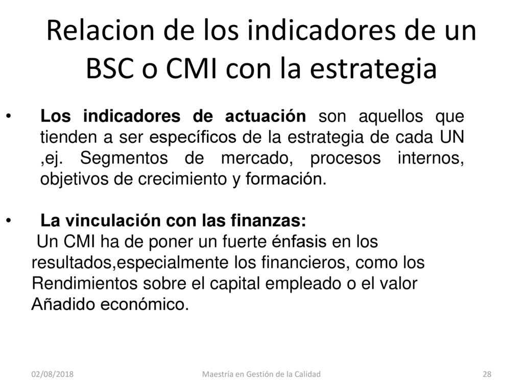 Relacion de los indicadores de un BSC o CMI con la estrategia