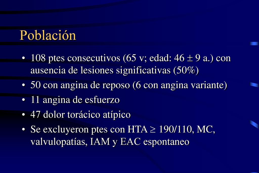 Población 108 ptes consecutivos (65 v; edad: 46 ± 9 a.) con ausencia de lesiones significativas (50%)