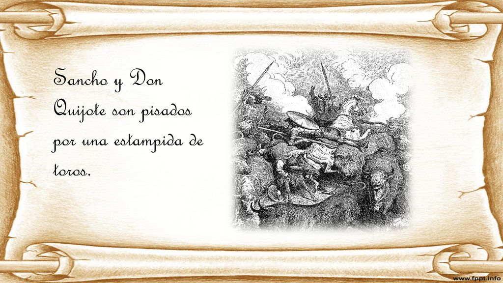 Sancho y Don Quijote son pisados por una estampida de toros.