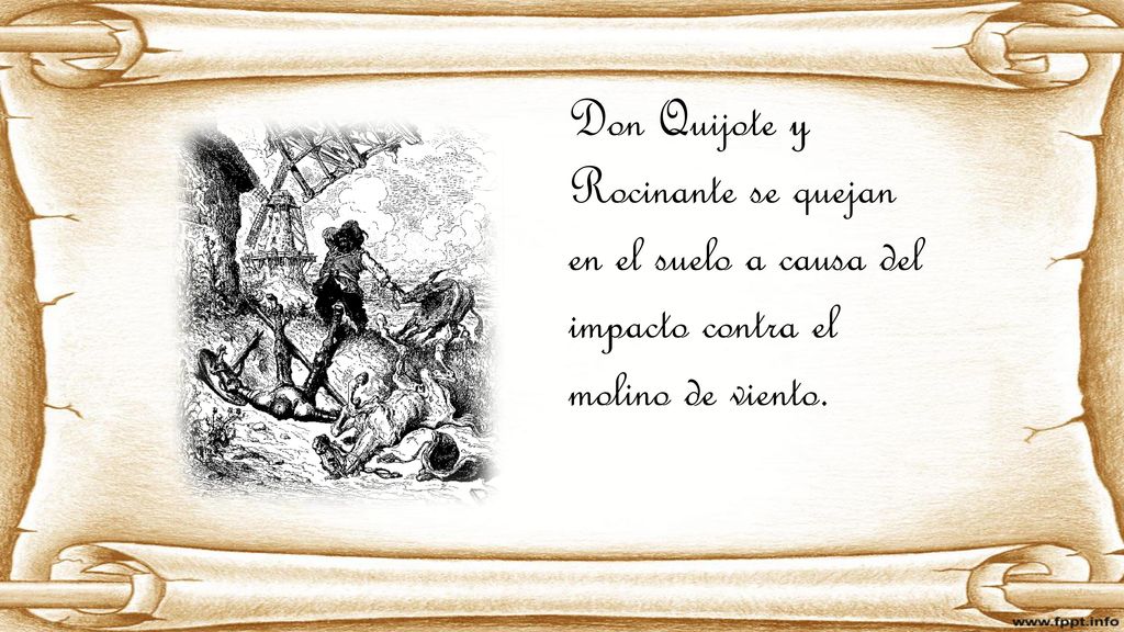 Don Quijote y Rocinante se quejan en el suelo a causa del impacto contra el molino de viento.