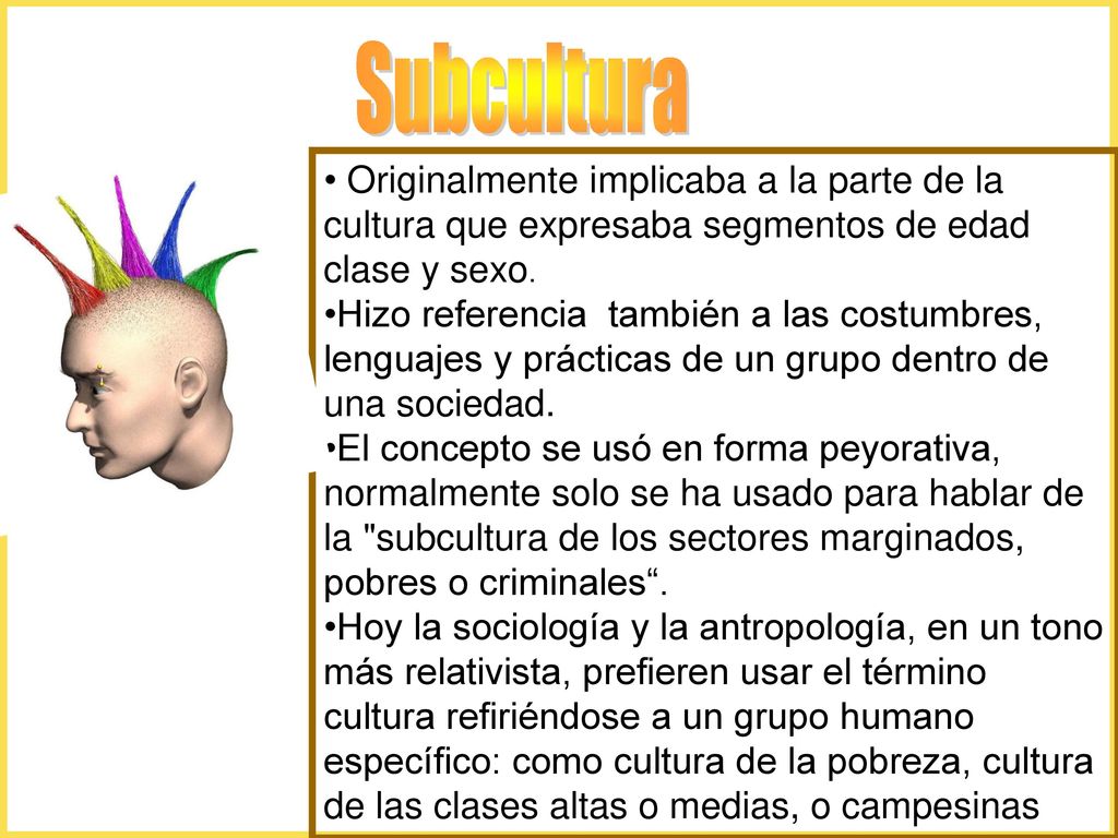 Subcultura Originalmente implicaba a la parte de la cultura que expresaba segmentos de edad clase y sexo.