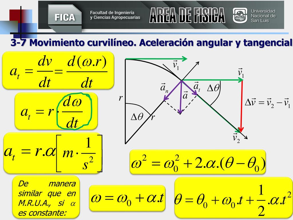 AREA DE FISICA 3-7 Movimiento curvilíneo. Aceleración angular y tangencial.