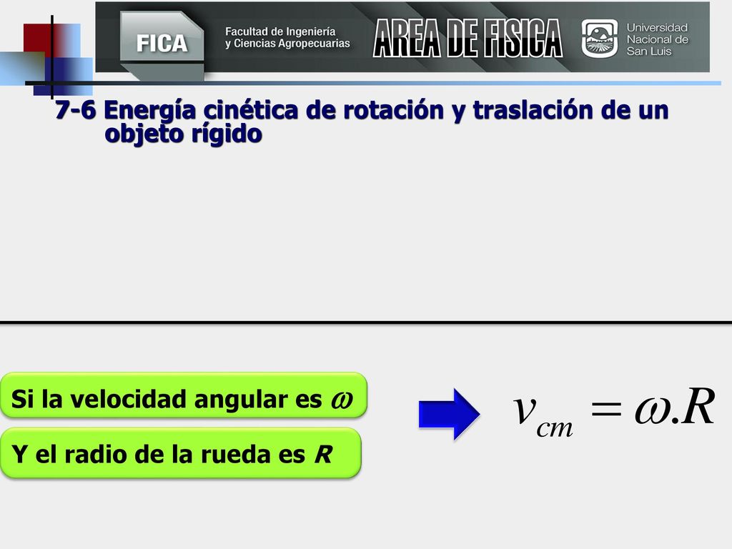 AREA DE FISICA 7-6 Energía cinética de rotación y traslación de un objeto rígido. Si la velocidad angular es 