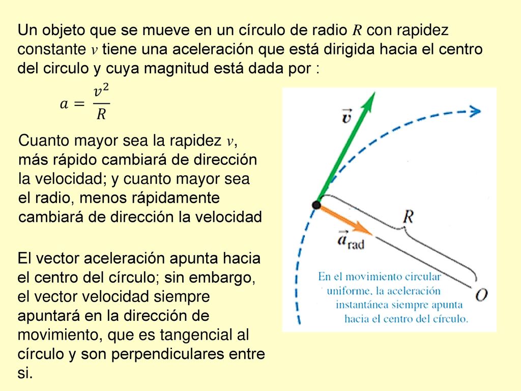 Un objeto que se mueve en un círculo de radio R con rapidez constante v tiene una aceleración que está dirigida hacia el centro del circulo y cuya magnitud está dada por :