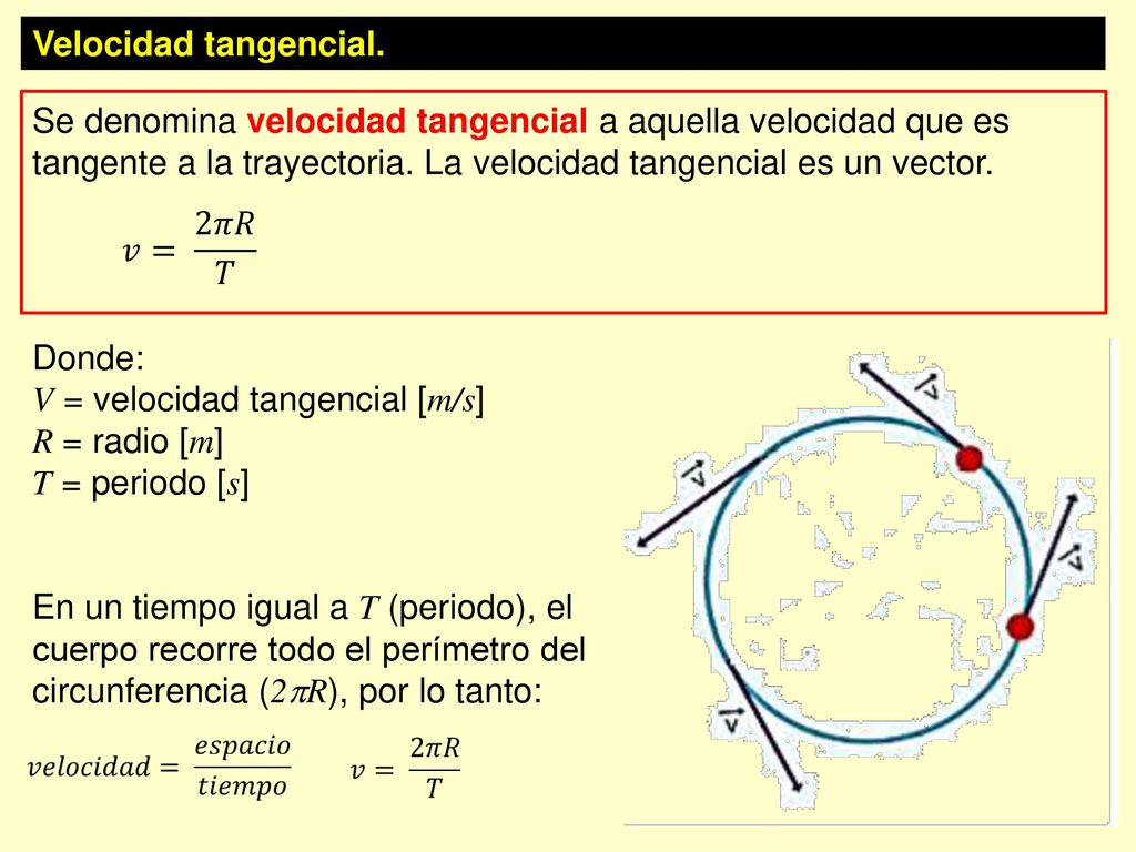 V = velocidad tangencial [m/s] R = radio [m] T = periodo [s]