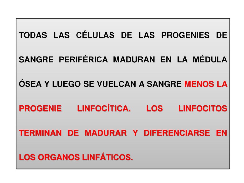 TODAS LAS CÉLULAS DE LAS PROGENIES DE SANGRE PERIFÉRICA MADURAN EN LA MÉDULA ÓSEA Y LUEGO SE VUELCAN A SANGRE MENOS LA PROGENIE LINFOCÍTICA.