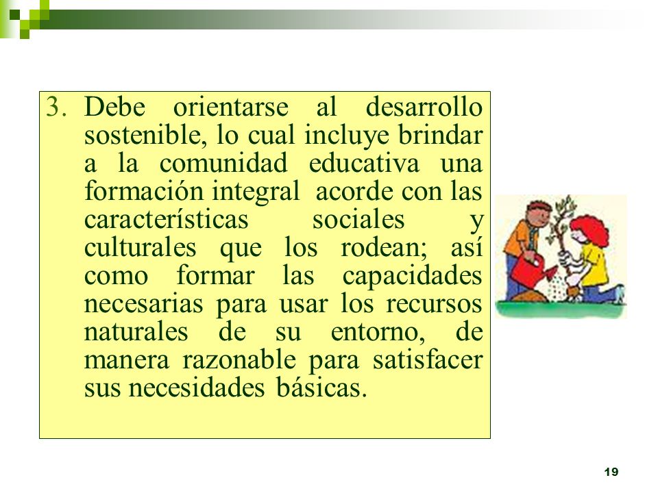 Debe orientarse al desarrollo sostenible, lo cual incluye brindar a la comunidad educativa una formación integral acorde con las características sociales y culturales que los rodean; así como formar las capacidades necesarias para usar los recursos naturales de su entorno, de manera razonable para satisfacer sus necesidades básicas.