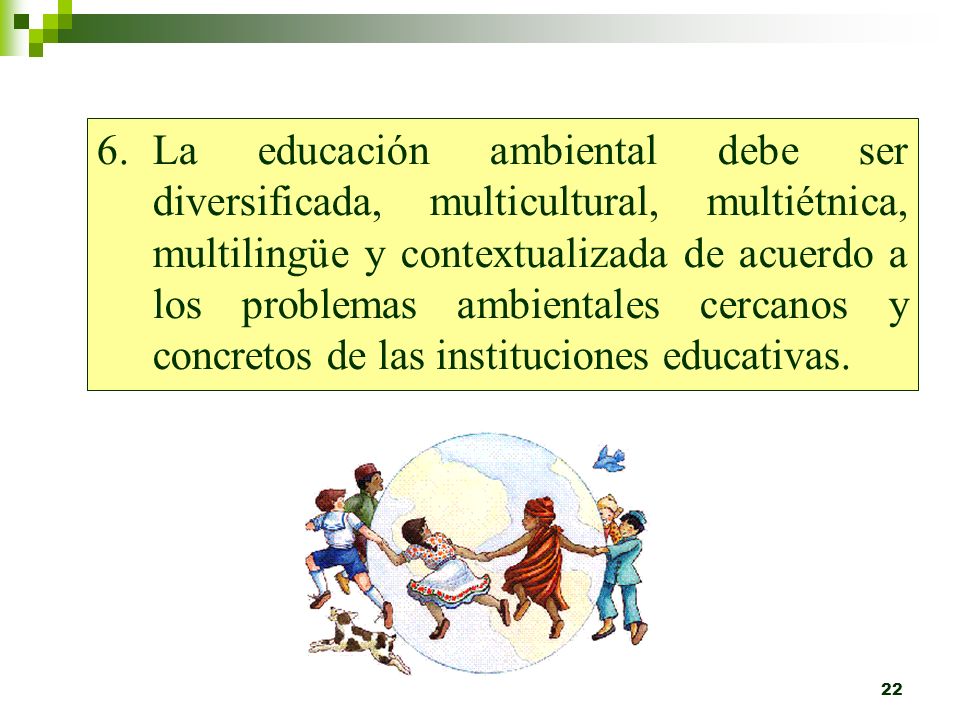 La educación ambiental debe ser diversificada, multicultural, multiétnica, multilingüe y contextualizada de acuerdo a los problemas ambientales cercanos y concretos de las instituciones educativas.