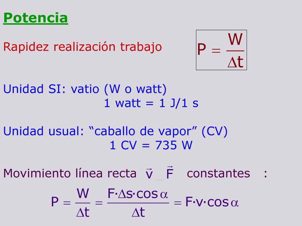 Potencia Rapidez realización trabajo Unidad SI: vatio (W o watt)