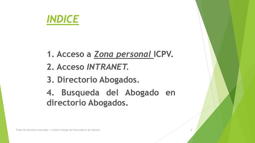 INDICE 1. Acceso a Zona personal ICPV. 2. Acceso INTRANET.