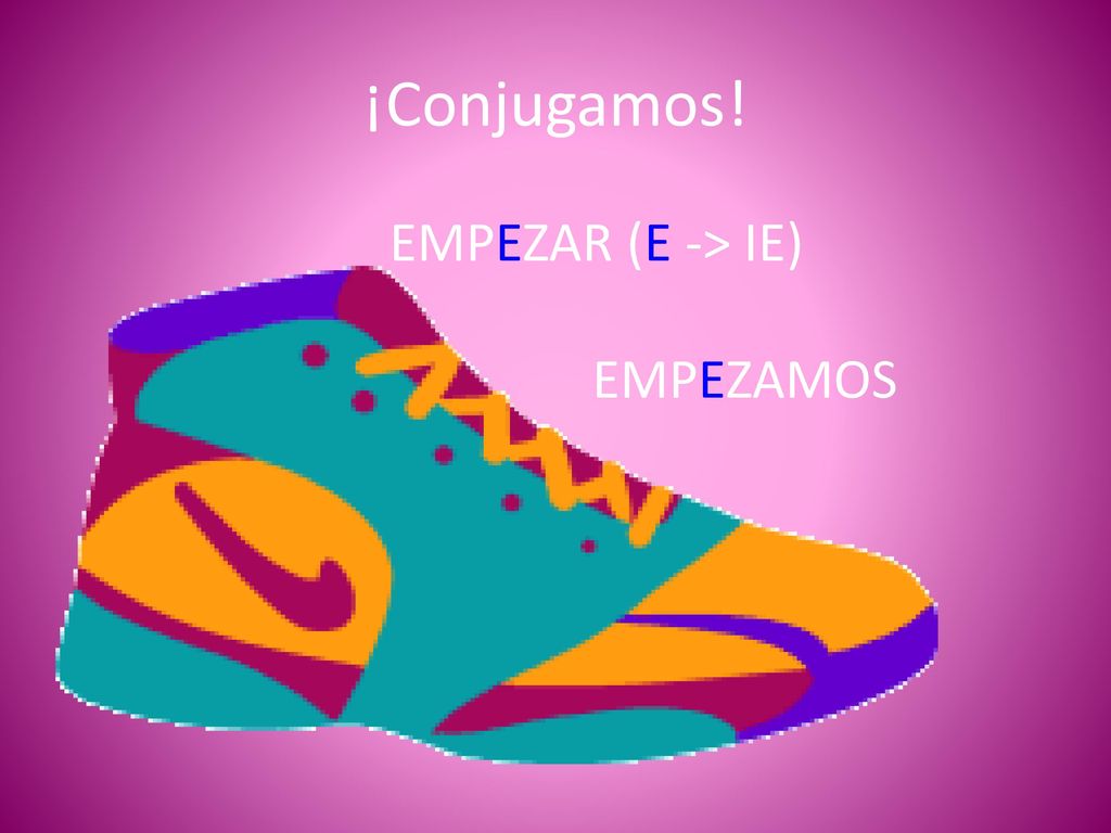 ¡Conjugamos! EMPEZAR (E -> IE) EMP__Z__ IE O EMPEZAMOS EMPIEZAS