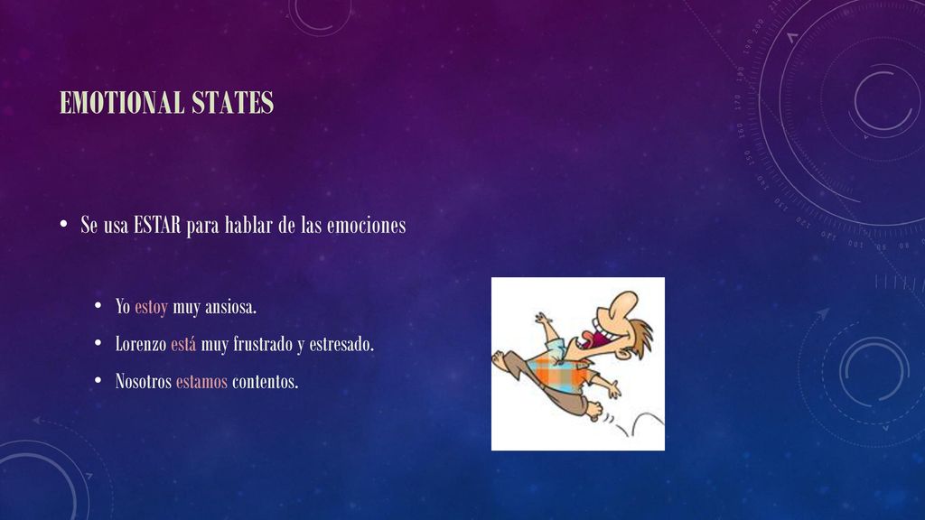 Emotional states Se usa ESTAR para hablar de las emociones