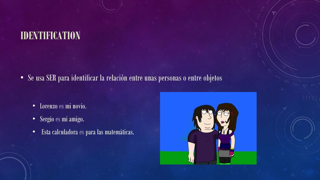 Identification Se usa SER para identificar la relación entre unas personas o entre objetos. Lorenzo es mi novio.