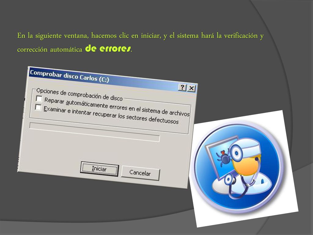 En la siguiente ventana, hacemos clic en iniciar, y el sistema hará la verificación y corrección automática de errores.