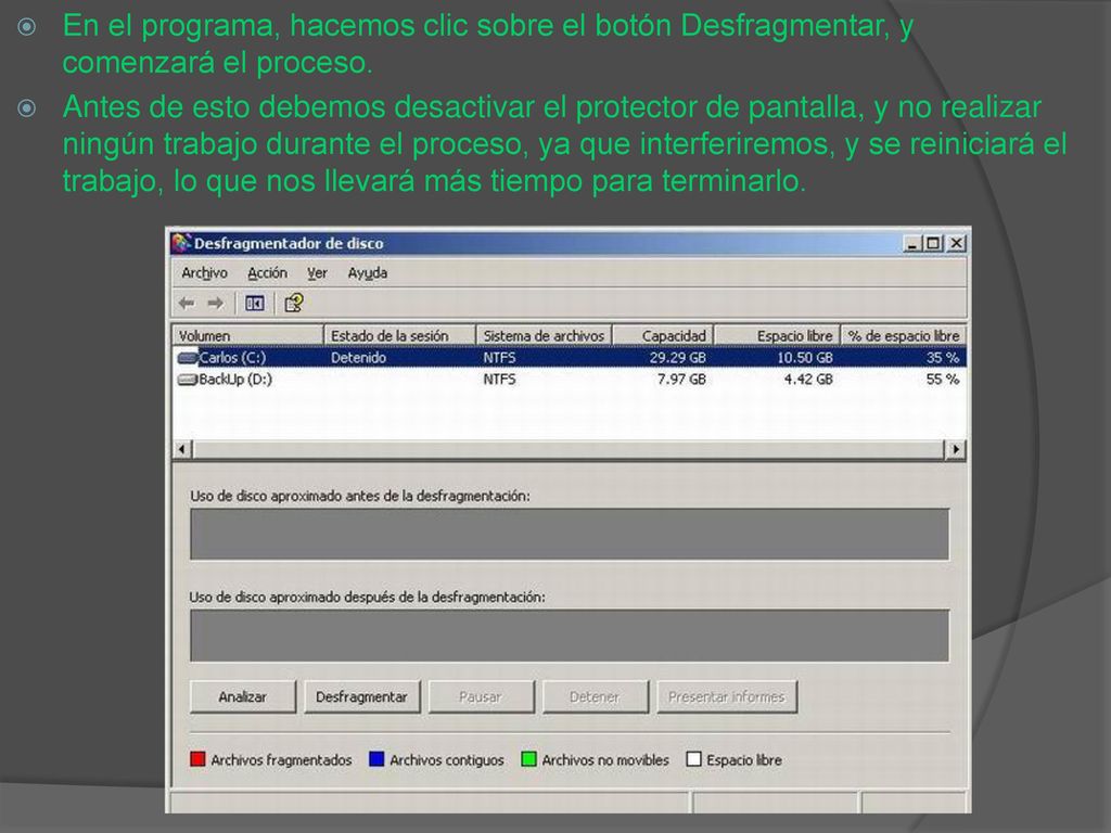 En el programa, hacemos clic sobre el botón Desfragmentar, y comenzará el proceso.