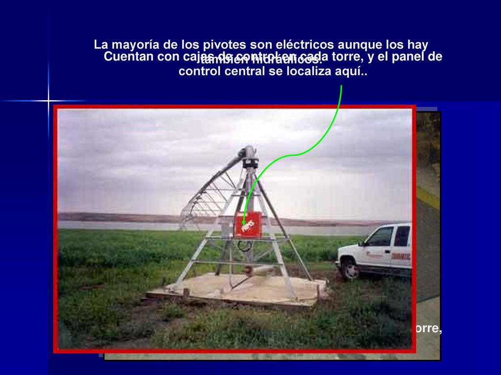 La mayoría de los pivotes son eléctricos aunque los hay también hidráulicos.