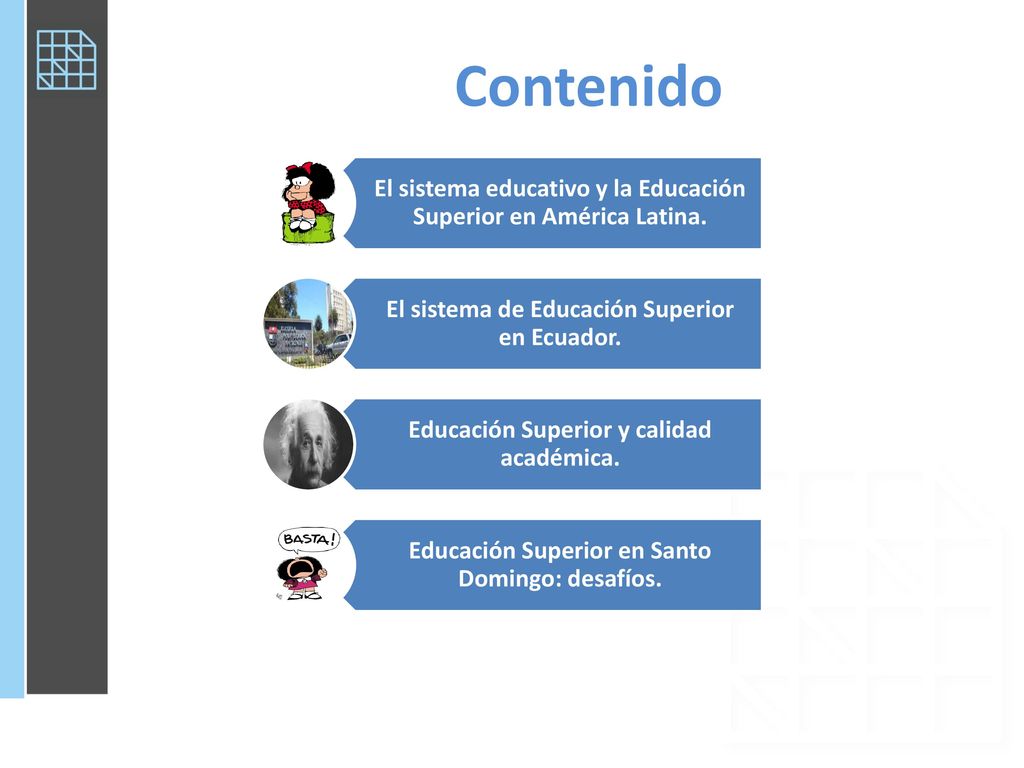 Contenido El sistema educativo y la Educación Superior en América Latina. El sistema de Educación Superior en Ecuador.