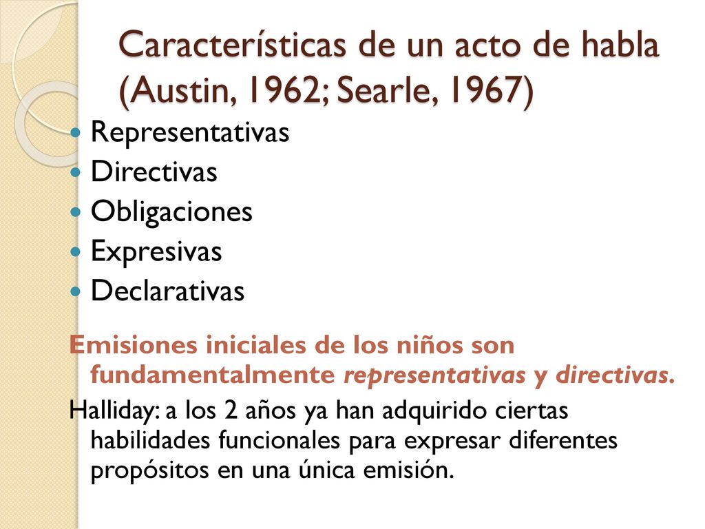 Características de un acto de habla (Austin, 1962; Searle, 1967)