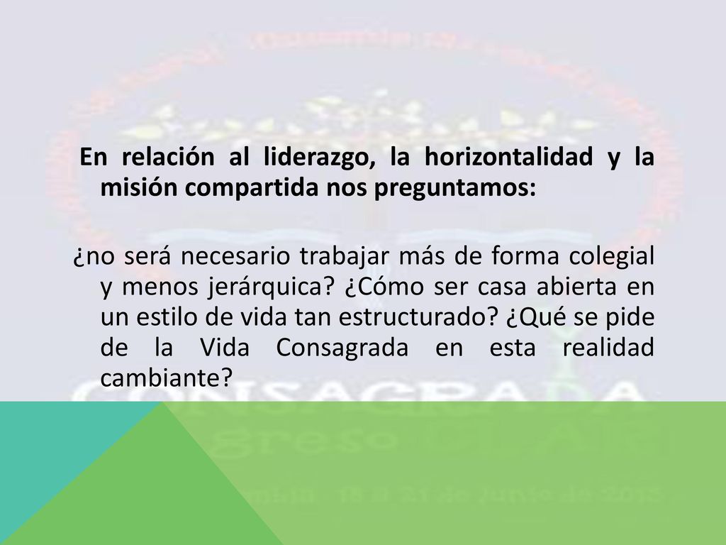 En relación al liderazgo, la horizontalidad y la misión compartida nos preguntamos: ¿no será necesario trabajar más de forma colegial y menos jerárquica.