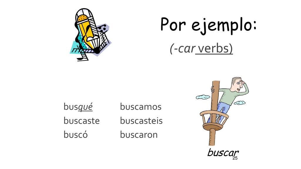 Por ejemplo: (-car verbs) buscar busqué buscaste buscó buscamos