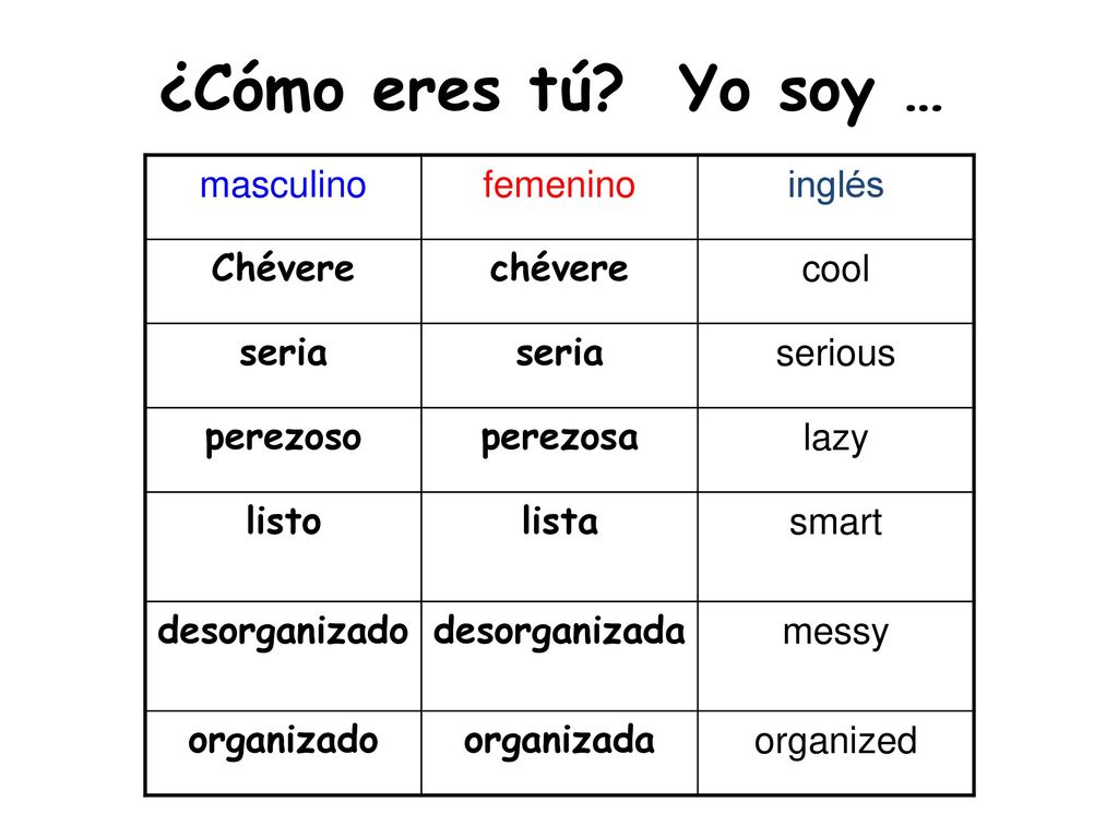 ¿Cómo eres tú Yo soy … masculino femenino inglés Chévere chévere cool