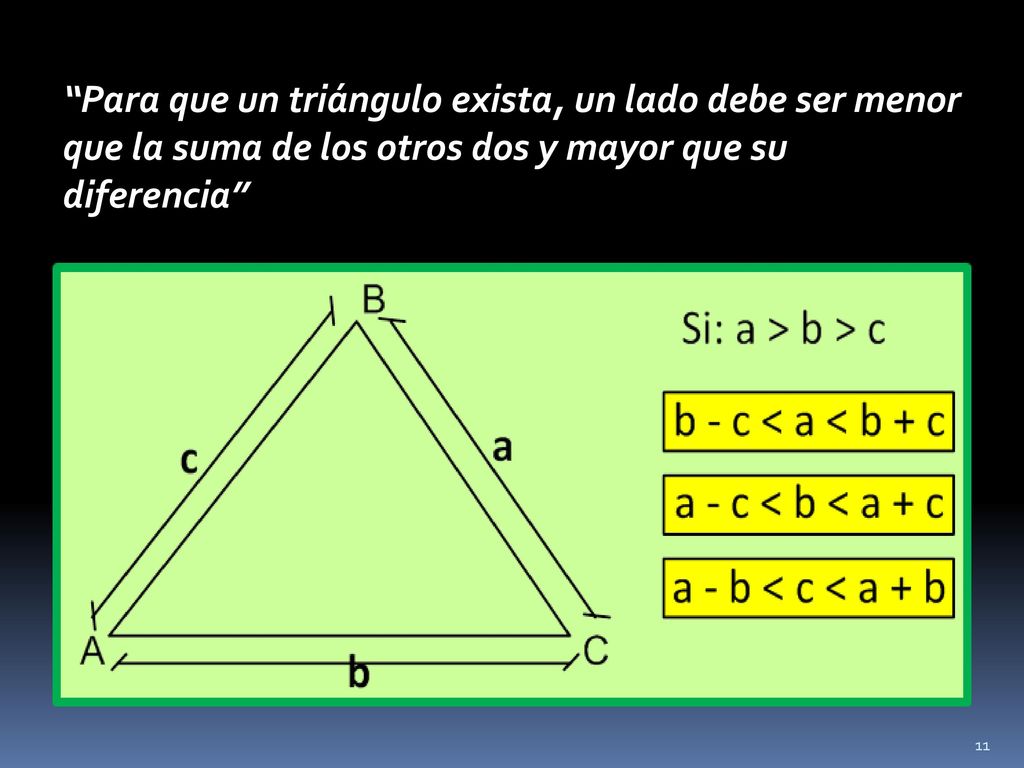 Para que un triángulo exista, un lado debe ser menor que la suma de los otros dos y mayor que su diferencia