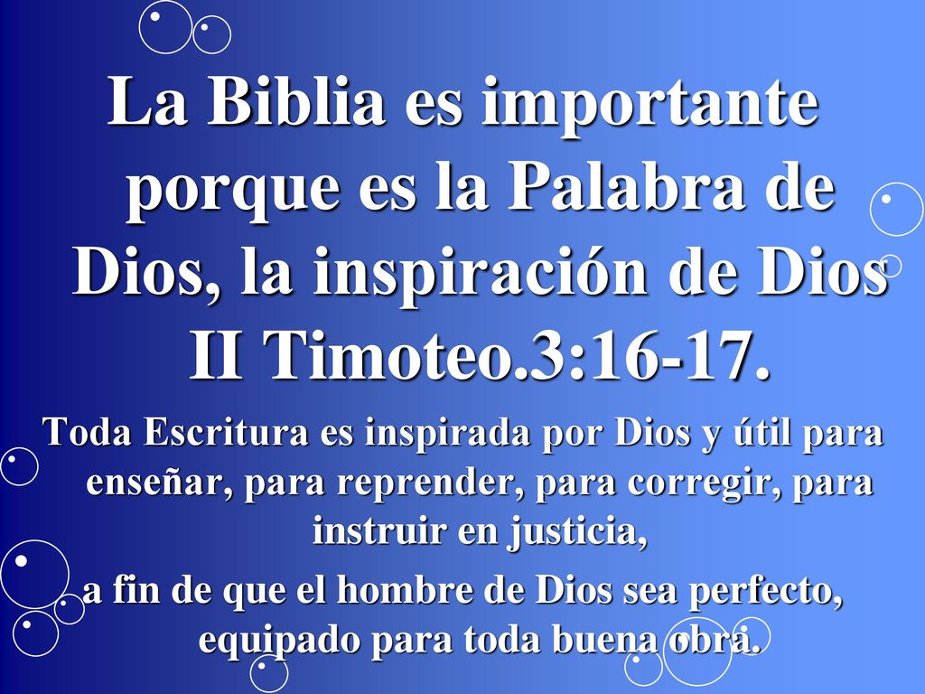 La Biblia es importante porque es la Palabra de Dios, la inspiración de Dios II Timoteo.3:16-17.