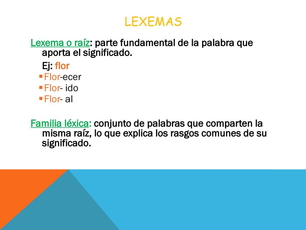 Lexemas Lexema o raíz: parte fundamental de la palabra que aporta el significado. Ej: flor. Flor-ecer.